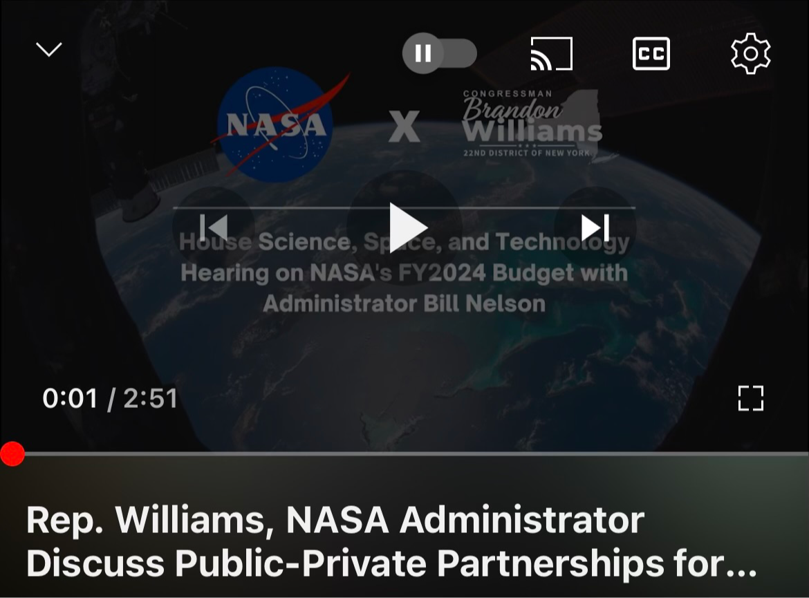 Rep. Williams, NASA Administrator Discuss Public-Private Partnerships for Space Operations - YouTube